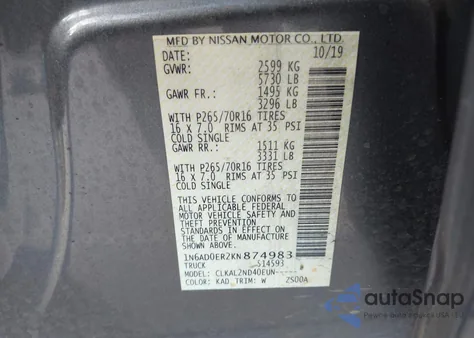 2019 Nissan Frontier Sv z USA, uszkodzony, nr VIN 1N6AD0ER2KN874983